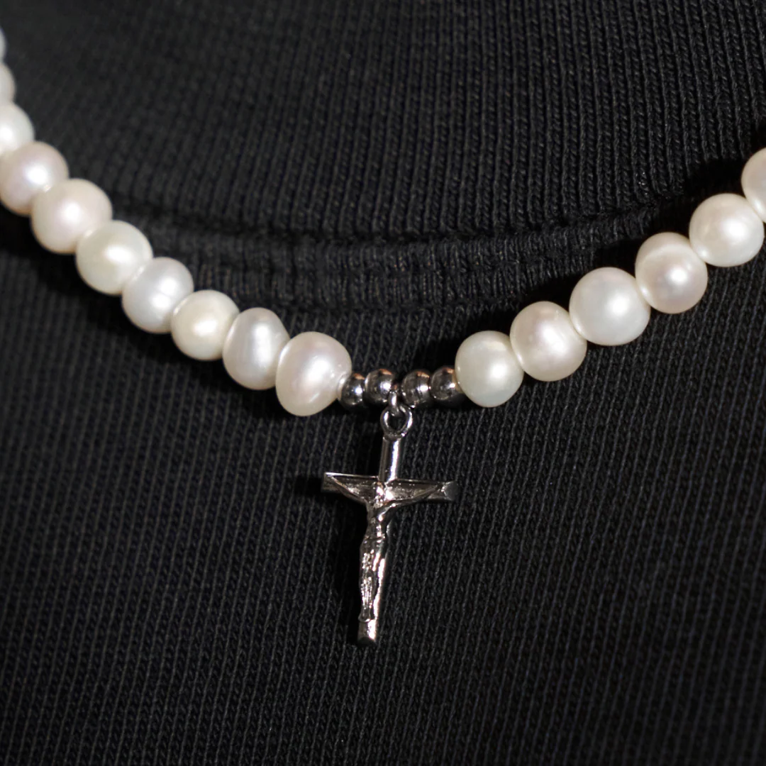 Crucifix Real Pearl Necklace (Silver) - Image 4