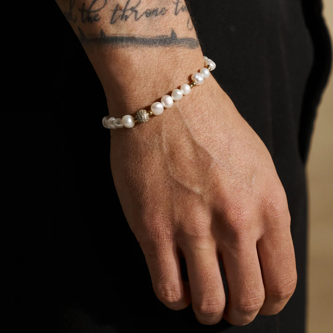 Iced Beaded Real Pearl Bracelet (Gold) - Image 2