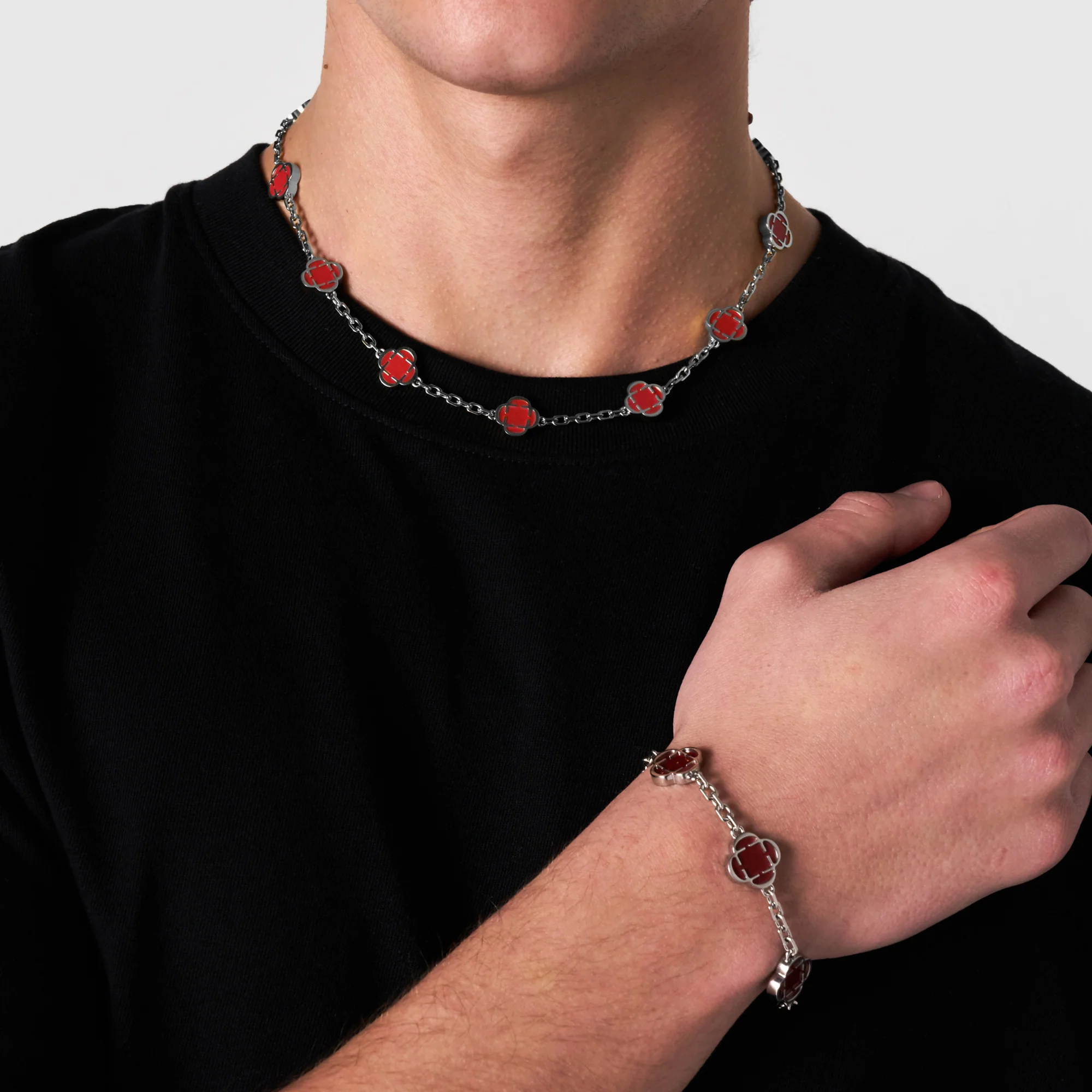 Light Red Clover Stone Necklace (Silver) - Image 6