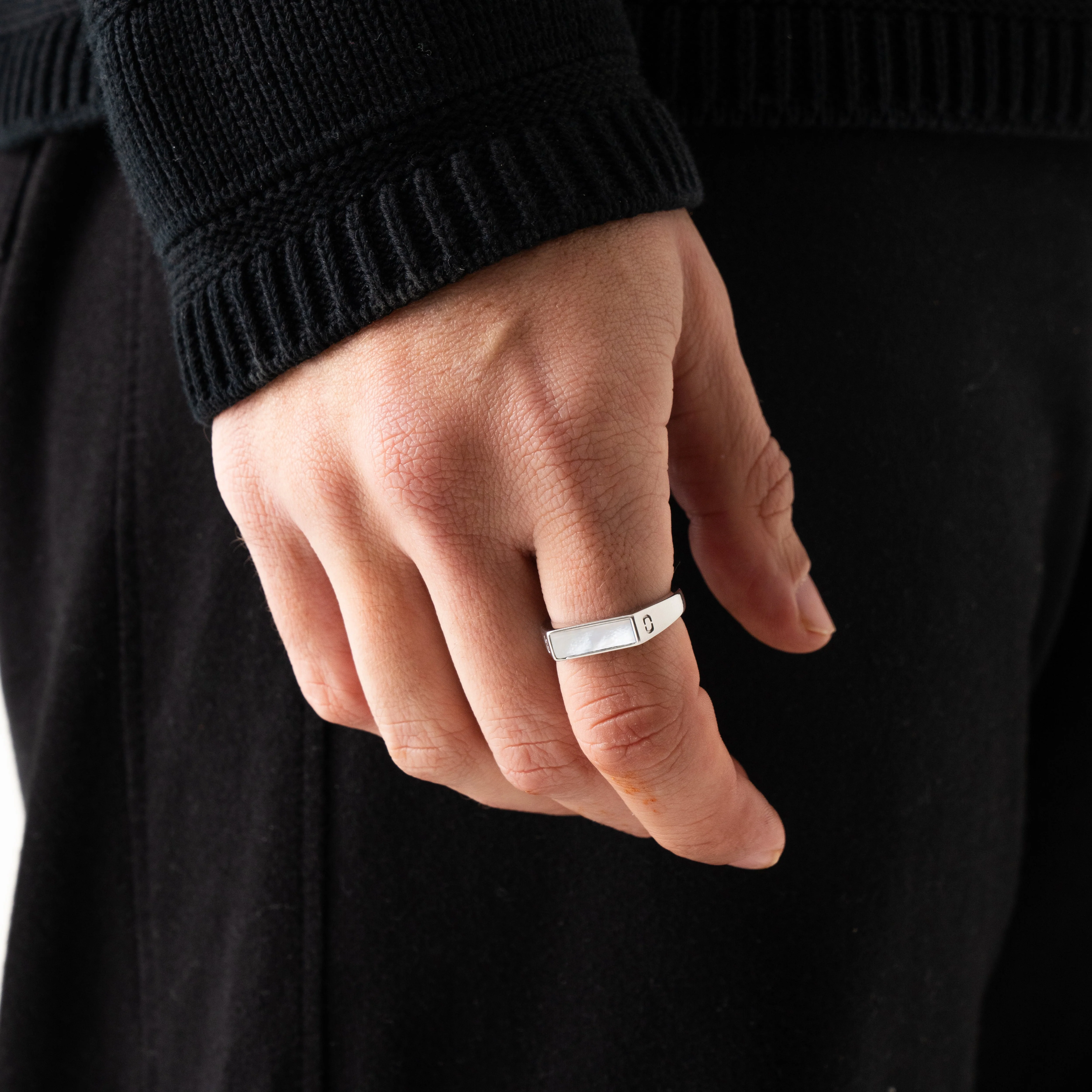 White Rectangle Stone Signet Ring (Silver) - Image 2